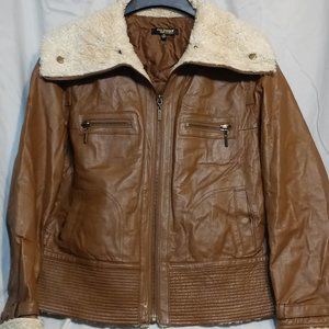 Hot Brown VEGAN LEATHER Bomber w/ Sherpa Trim XL